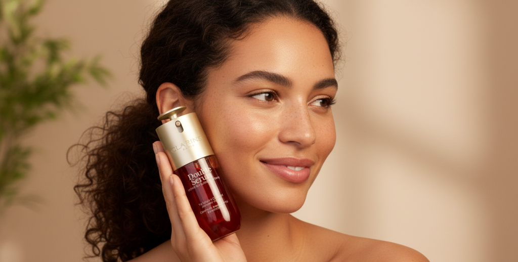 model with clarins skincare product