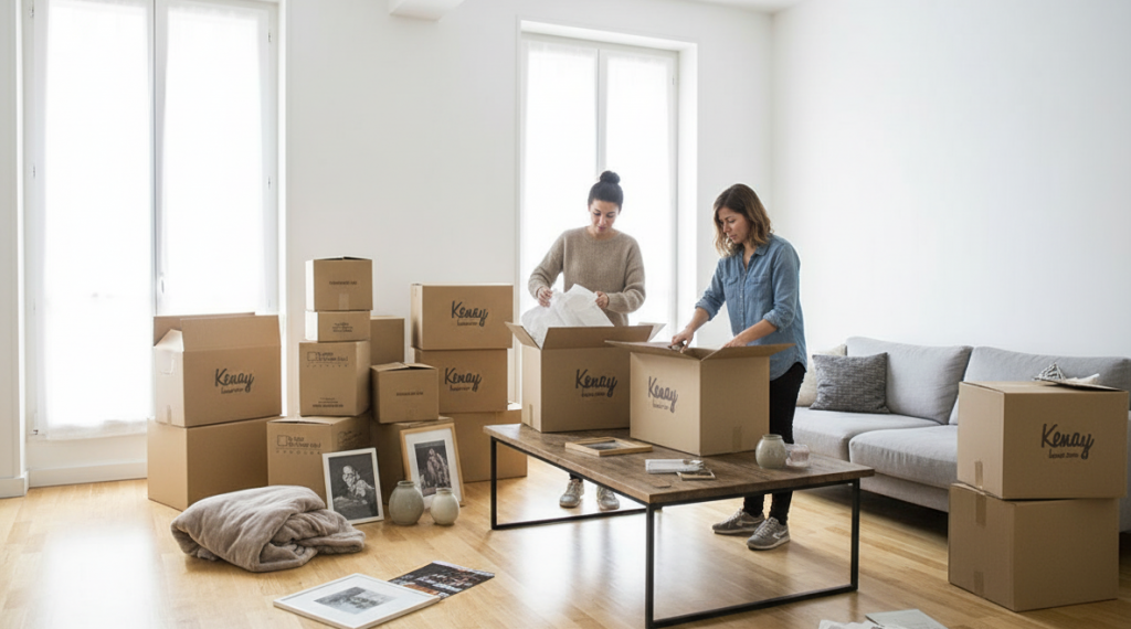 Women in the living room opening boxes from Kenay Home